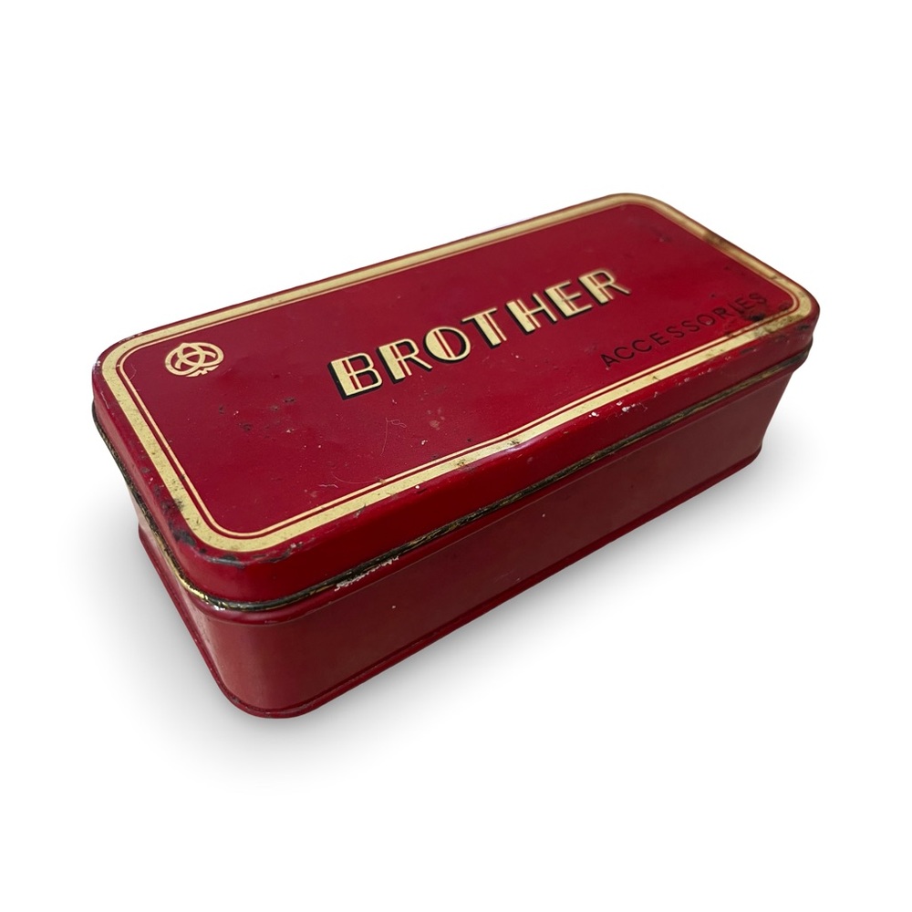 Brother Red Tin Metal Sewing Machine Accessory Box 1950’s w/ Sewing Attachments